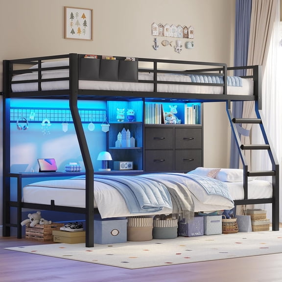 Toogaho Twin over Twin Bunk Bed with Storage,Metal Bunk Bed Frame with Charge Station & Guardrail & LED Light,Black