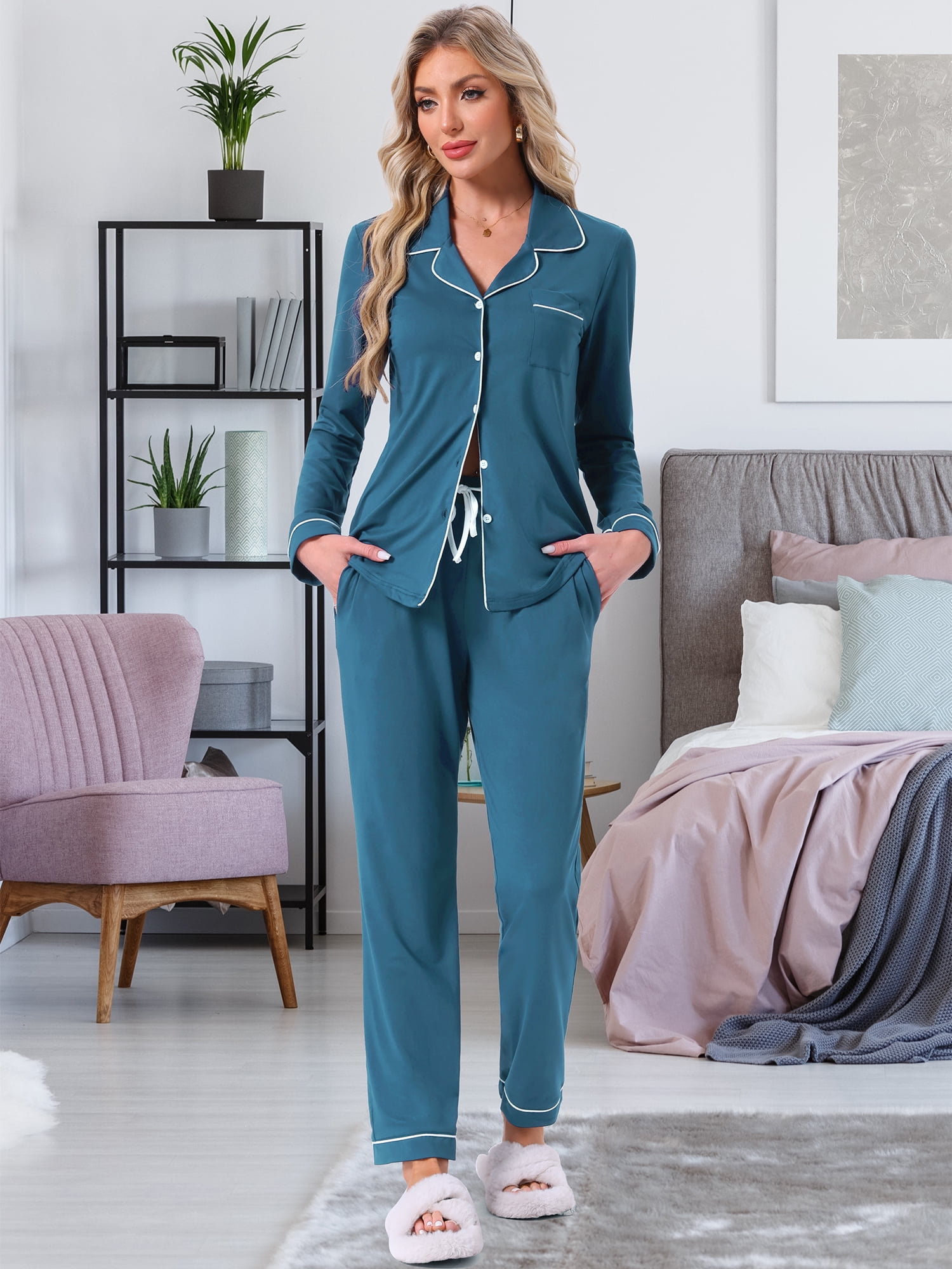 DARING DIVA Women's Pajama Set Button Down Long Sleeve Tops and Pants L Blue