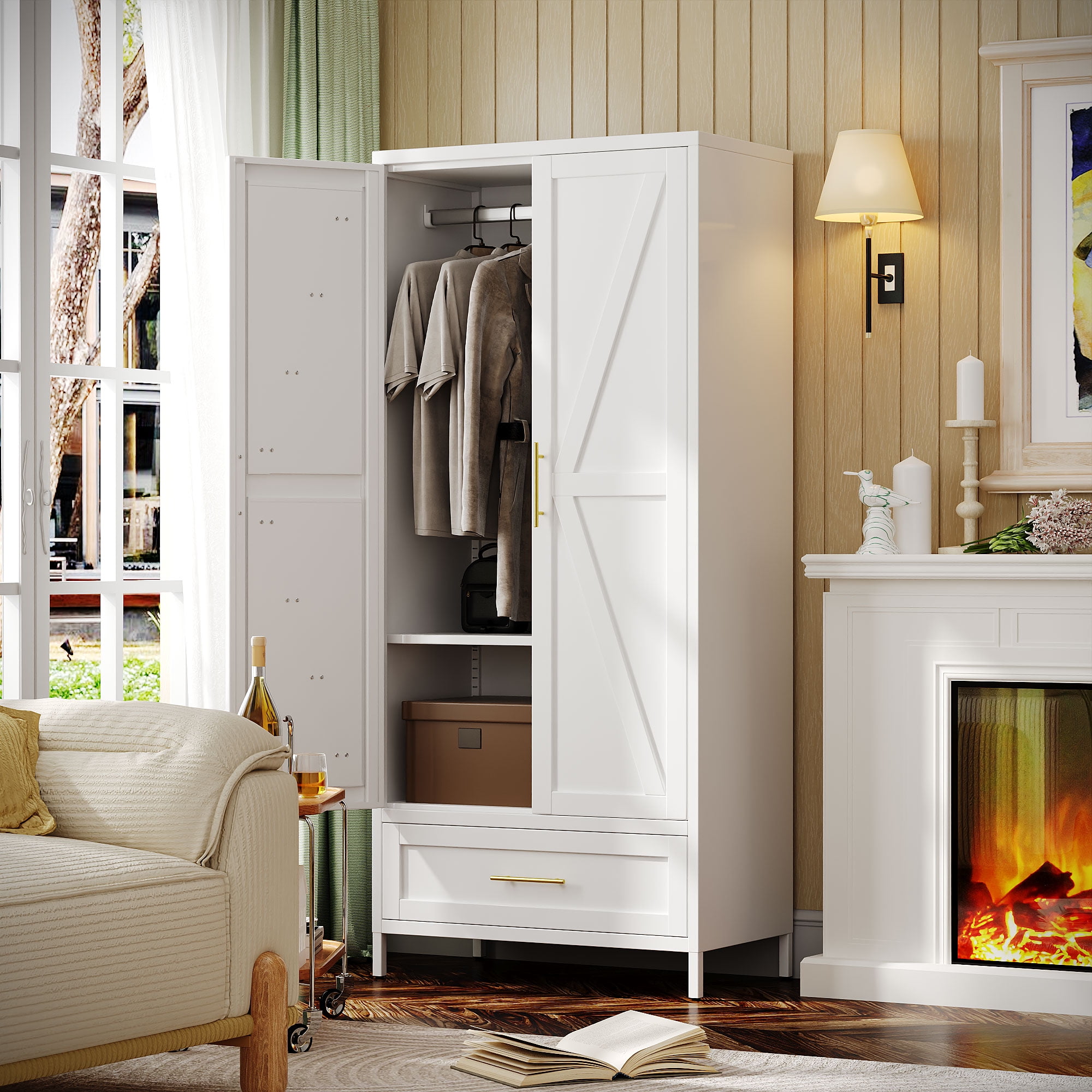 GangMei Metal Storage Cabinet Locker with 1 Drawer, Large Steel Cabinet with Hanger Rod and Adjustable Shelf for Living Room,Office,School,Gym,Garage,(White)