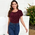 thumbnail image 3 of Women's Short Sleeve Crew Neck All-Over Sequin Embellished Top Stylish Sparkling Blouse- Large, Burgundy, 3 of 6