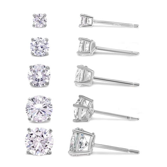 Kezef Women's Cubic Zirconia Stud Earrings Set, Round Cut CZ, Rhodium Plated 925 Sterling Silver, Hypoallergenic