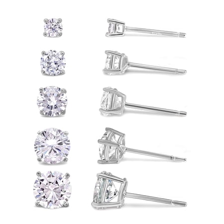 Kezef Women's Cubic Zirconia Stud Earrings Set, Round Cut CZ, Rhodium Plated 925 Sterling Silver, Hypoallergenic