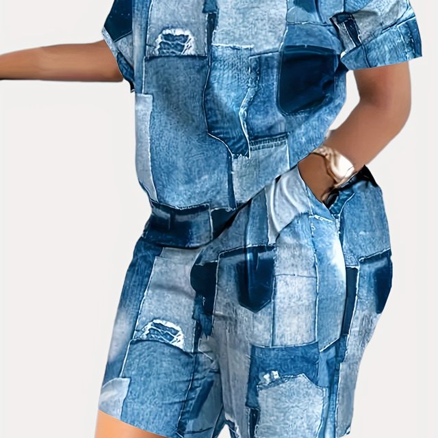 Conjunto informal de 2 piezas de patchwork, camiseta de manga corta con cuello redondo y pantalones cortos de entrenamiento con bolsillos, ropa de mujer