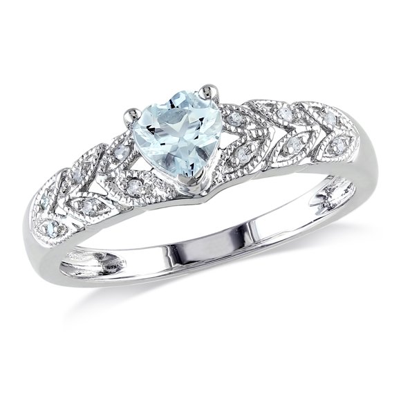 Miabella Women's 1/3 Carat T.G.W. Heart-Cut Aquamarine and Round-Cut Diamond Accent Sterling Silver Heart Promise Ring