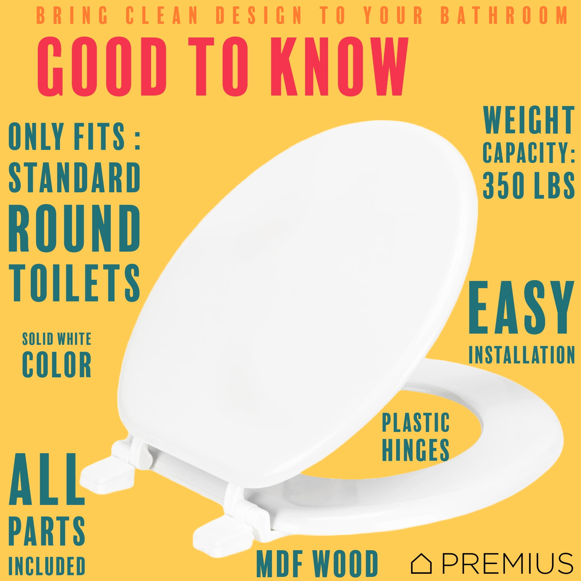 PREMIUS Wood Toilet Seat, White, Standard Round, 17 Inches