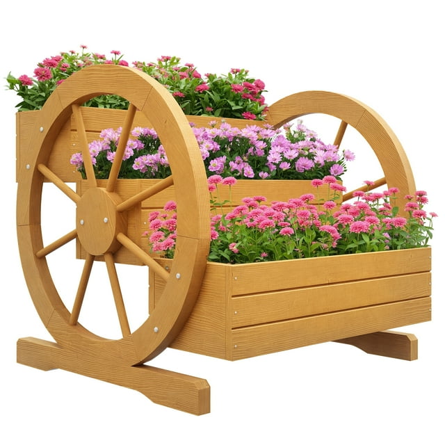 Outsunny Wooden Wagon Planter Box, Decorative 3-Tier Raised Garden Bed