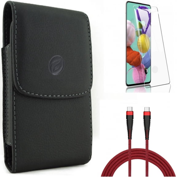 10ft PD Cable w Screen Protector w Case Belt Clip for Samsung Galaxy S20 - Type-C to USB-C Charger Cord, Tempered Glass [Fingerprint Unlock], Leather Holster J1G fits Samsung Galaxy S20 Model