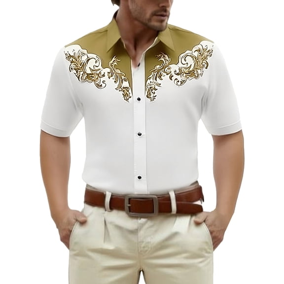 CONZONE Mens Buttons Down Shirts Short Sleeve Shirts for Men Trendy Western Cowboy Graphic Lapel Soft Lightweight Tops