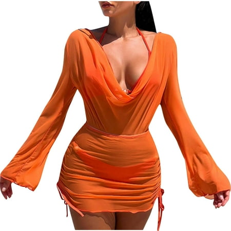 Summer Clearance Sale! TMOYZQ Women s 3 Piece Halter Bikini Sets High Waisted Swimsuits Bathing Suits with Drawsrting Sheer Mesh Beach Cover Ups Vacation Outfits