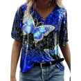 thumbnail image 1 of Hymorin Contrast Color Women V Neck Short Sleeve Casual Printed Tee T-Shirts, 1 of 2