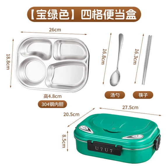 304 Stainless Steel Portable Lunch Box with Silicone Seal, Microwave Safe Food Container with Locking Clasps, Leak-Proof Meal Tray, Green