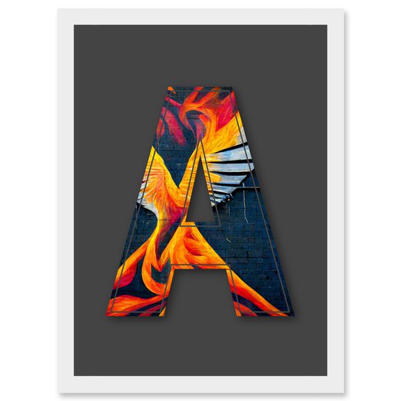 Letter A Phoenix Rising Orange Decorative Graffiti Mural Alphabet Initial Stencil Artwork Framed Wall Art Print A4
