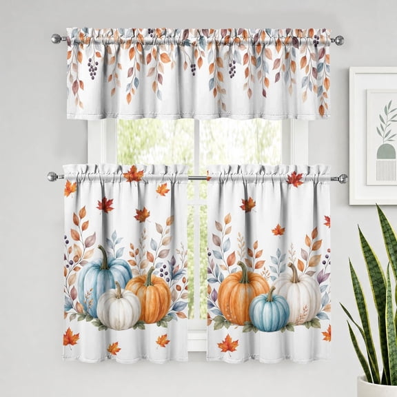 Fall Pumpkin Kitchen Curtains 3 Piece Set Tier Valance | Fall Leaves Kitchen Curtain Set Includes 52x18in Valance and Two 27.5x39in Tier Curtains for Kitchen Window Decor