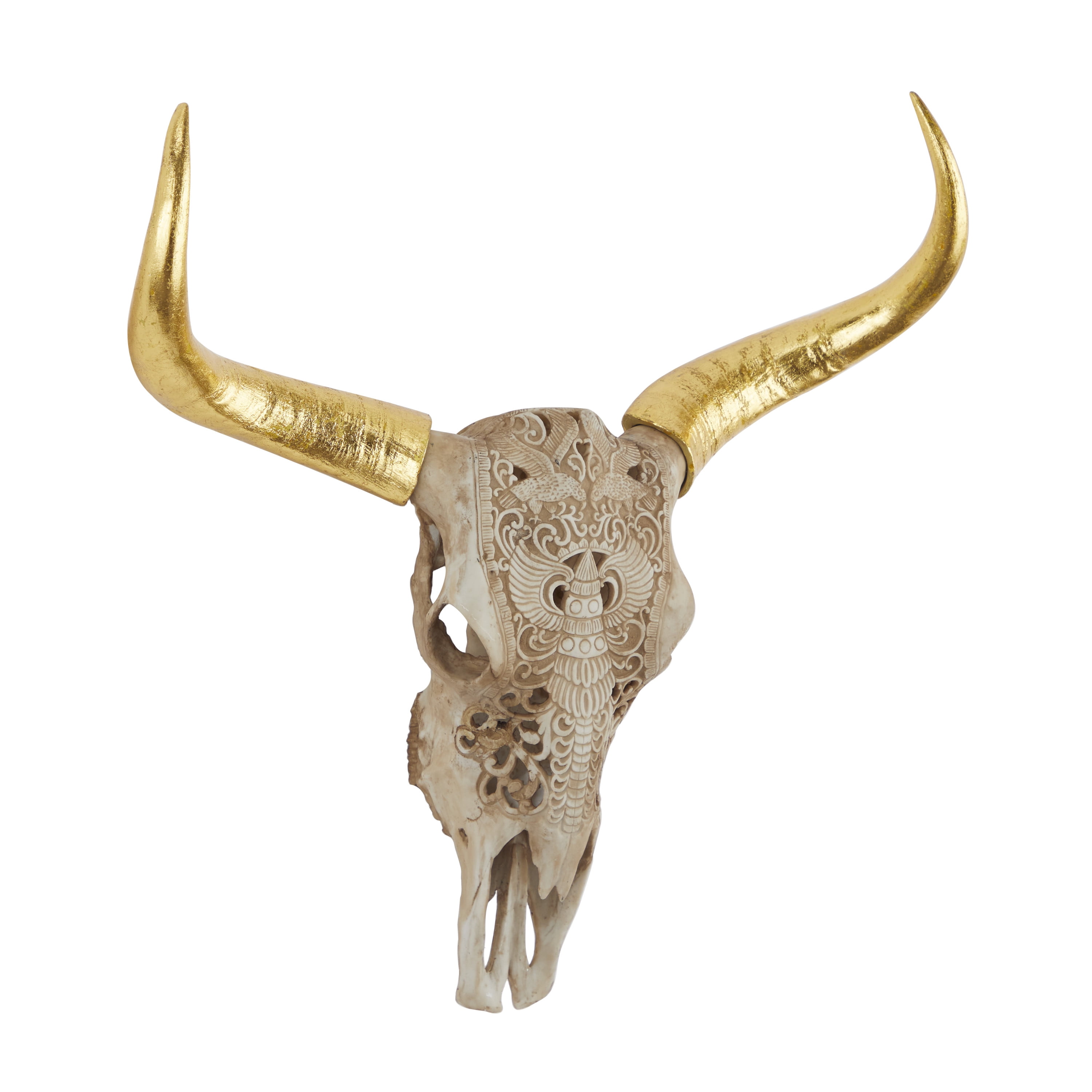 DecMode Brown Polystone Carved Skull Cow Wall Decor