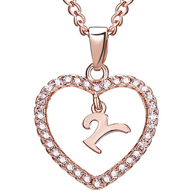 fastboy 26 Letters Y Heart Shape Pendant Necklace Rhinestone Rose Golden Clavicular Chain Jewelry Couple Gift