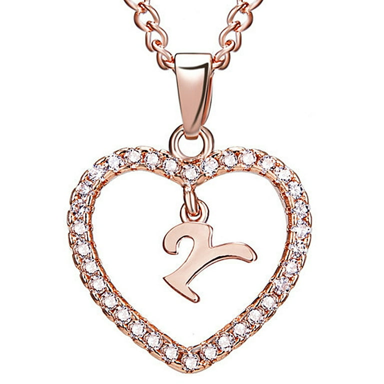 Sonceds 26 Letters Y Heart Shape Pendant Necklace Rhinestone Rose