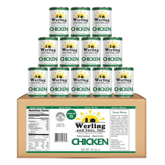 Werling & Sons Canned Chicken 14.5 oz – Fully Cooked, Ready to Eat | Shelf-Stable, Canned Meat | Camping, Survival & Emergency Food Storage | Made in USA |  Pack of 12