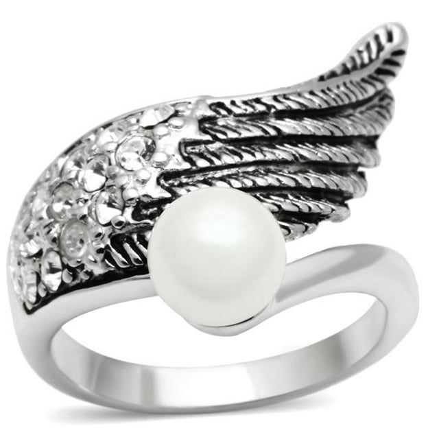 Alamode 3W191-5 Women Rhodium Brass Ring with Synthetic in White - Size 5