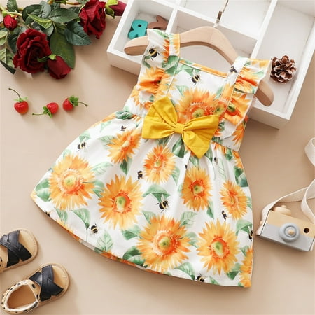 

Huilaibazo Girls Dress Toddler Kids Girls Sleeveless Floral Prints Bowknot Princess Dress