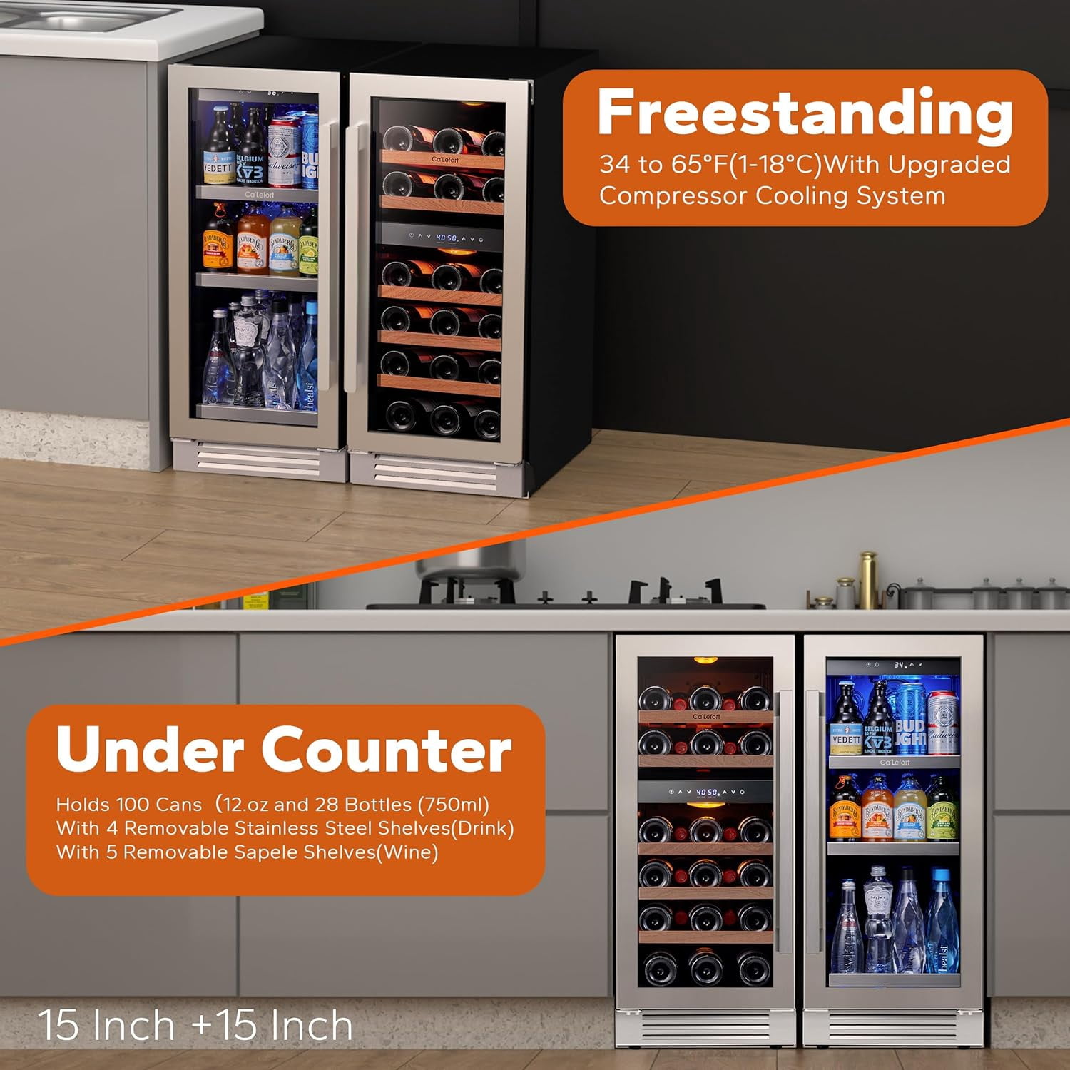 Ca'Lefort 30" Wine and Beverage Refrigerator, 28 Bottles Dual Zone Wine Fridge and 100 Cans Beverage Fridge Cooler with Stainless Steel  Door Framed