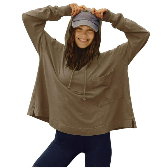 Women's Cowl Neck Hoodies, Casual Long Sleeve Loose Pullover Tops Drawstring Hooded Sweatshirt Khaki M