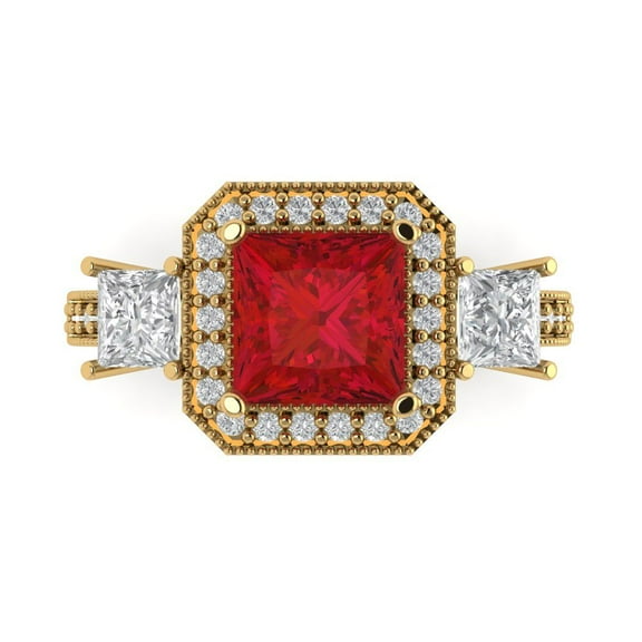 3.005 ct Princess Cut Simulated Ruby 3 Stone 14K Yellow Gold Womens Engagement Ring