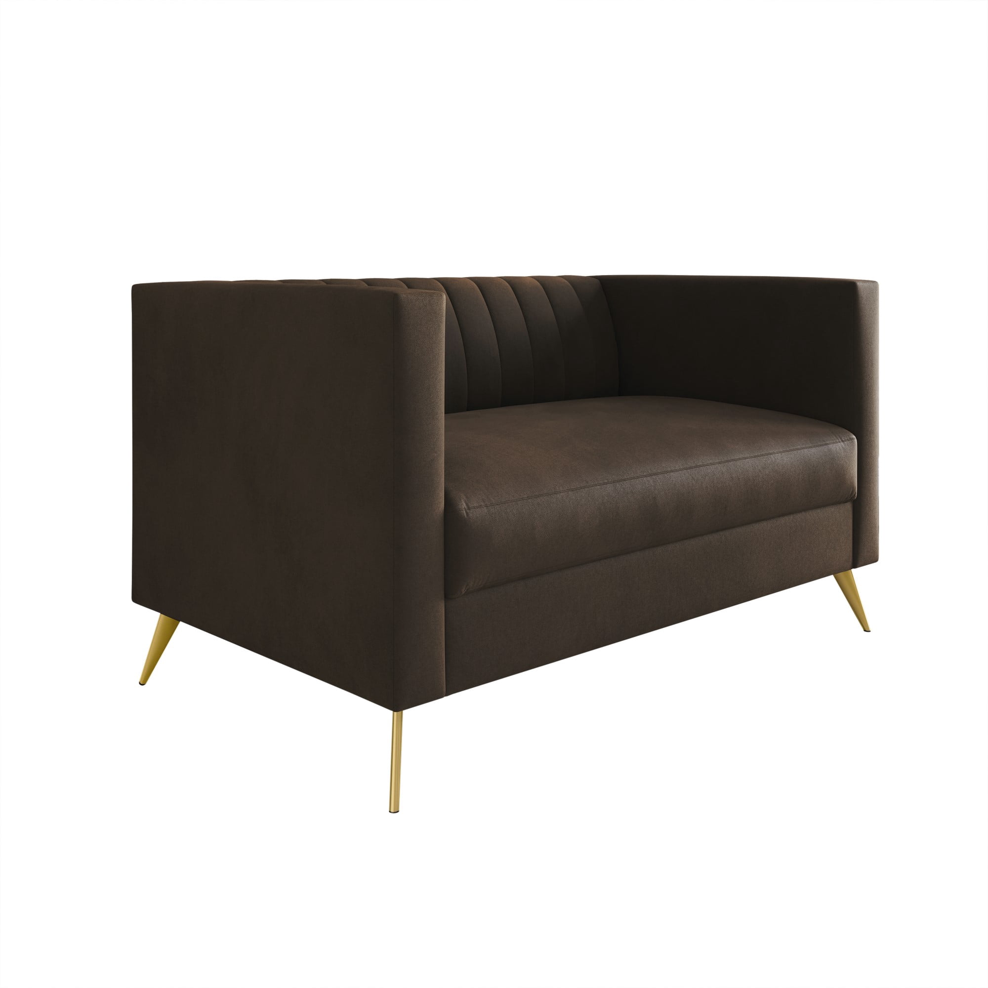 Home Design Weiss Velvet Square Arm Loveseat with Channel-Tufted Back and Gold Metal Legs, Modern Upholstered Living Room Seating, Brown