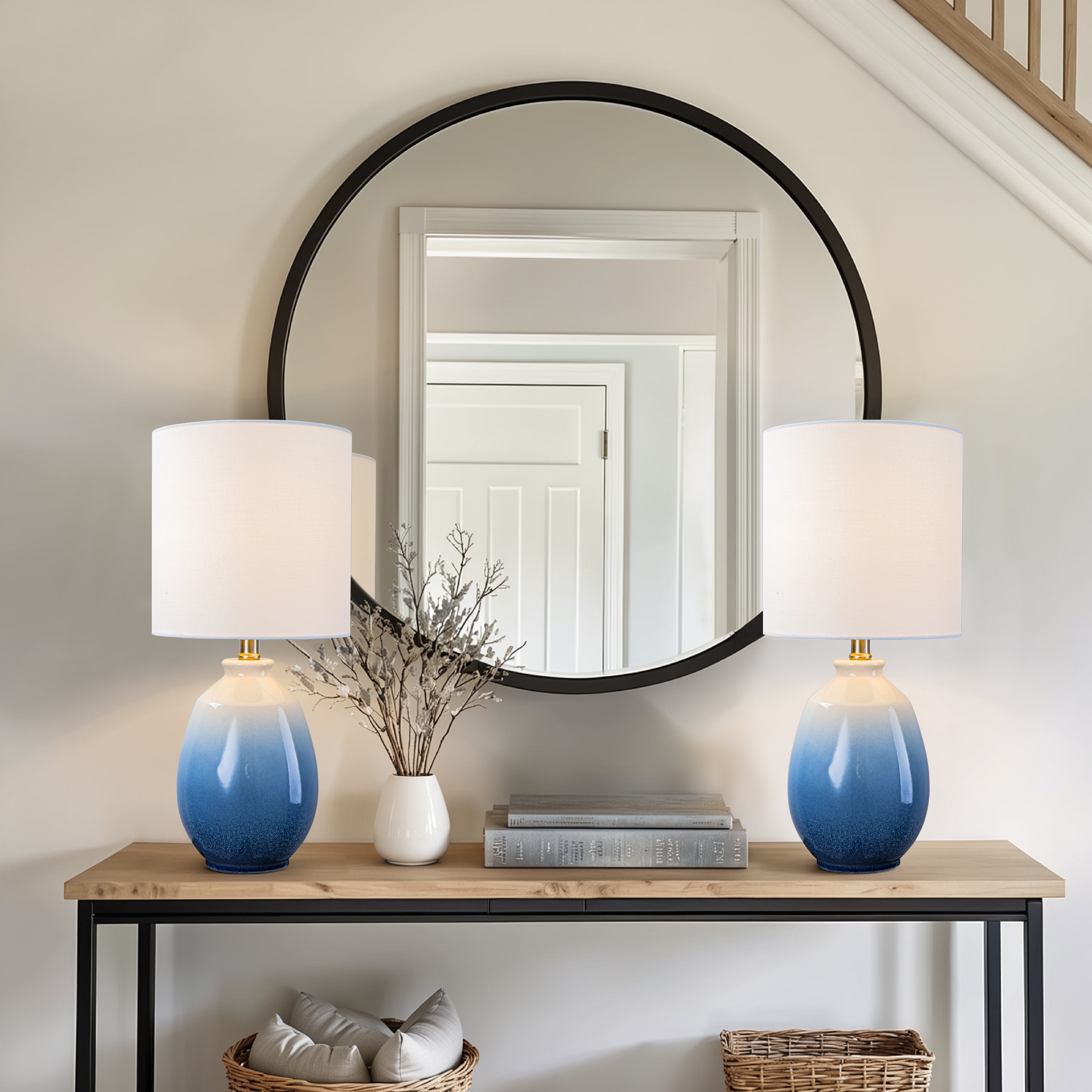 C Cattleya 19in. Gradient Blue Ceramic Table Lamp with White Linen Shade and Brushed Nickel Lamp Neck