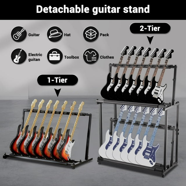 EDTara Multi Guitar Stand, Folding 14 Standing Floor Multiple Guitars Display Rack, Adjustable Storage Holder With Soft Sponge Adjustable Height Double Tier Ukulele Stand