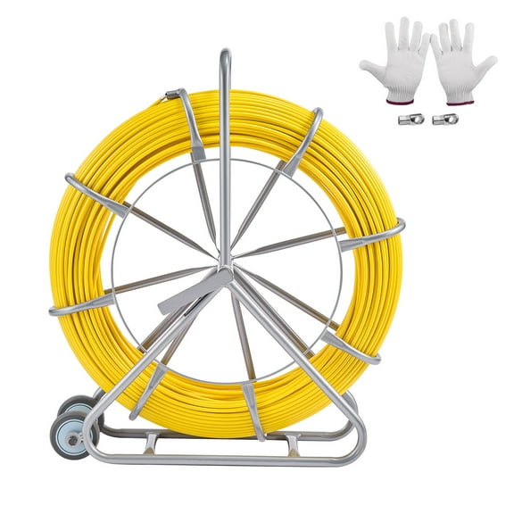 KFFKFF Fiberglass Fish Tape, 656 ft, 5/16 in, Wire Puller Duct Rodder Fishtape, Cable Runner Rod with Steel Reel Base, 3 Pulling Caps, Wall and Electrical Conduit Fishing Instruments, Non-Conductive