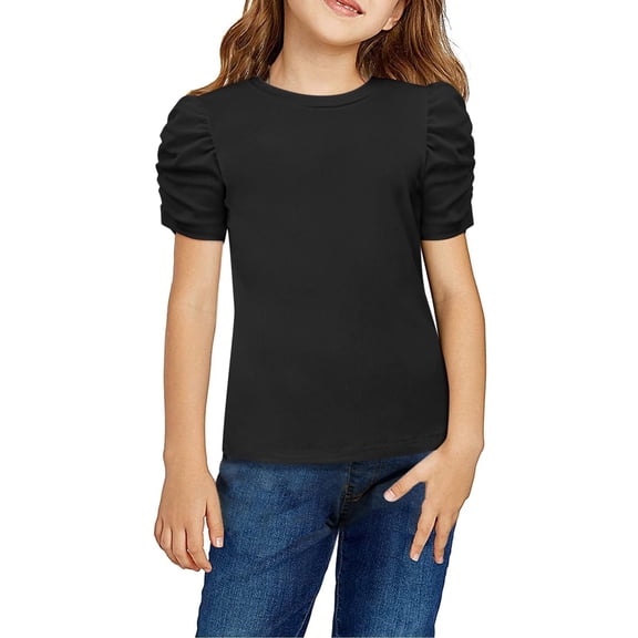 Arshiner Girls Shirts Summer Cute Classic Puff Short Sleeve Plain Ribbed Knit Crew Neck T-Shirt Tee Tops Blouse Black 9-10 Years 12 Black