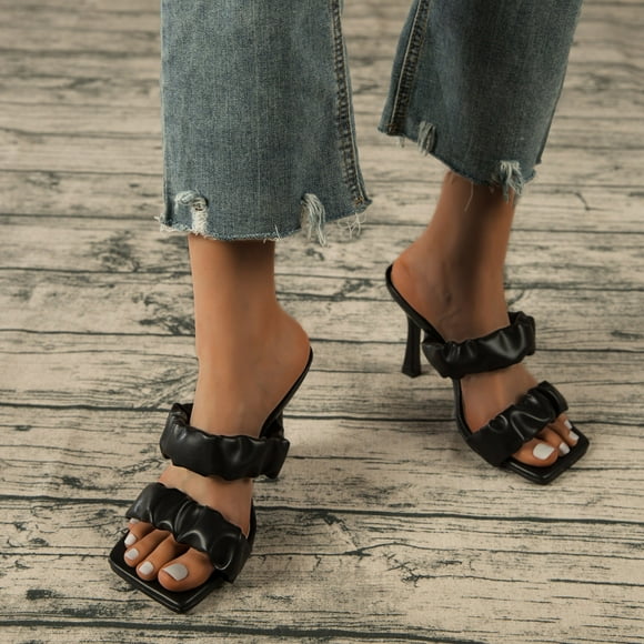 50% Off Clear ABPWLY Women's Shoes Fashion Solid Color Minimalistic Square Head Pleated Heel Sandals Slippers Flip Flop