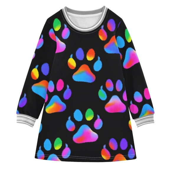 Neon Dog Paw Pattern Girls'long-sleeved dress Thickened A-dress Warm Dress Basic Shirt Party Dresses