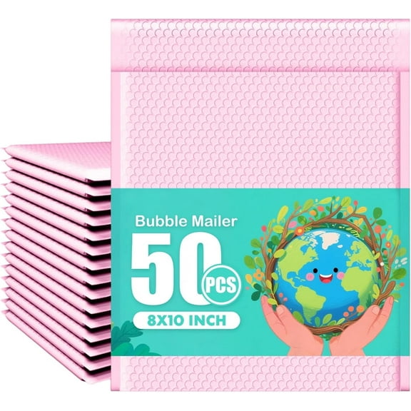 ShellKingdom 50 Pcs Bubble Mailers 8x10 inches Poly Padded Envelopes Waterproof Self-Seal Bubble Shipping Bags for Small Business, Pink