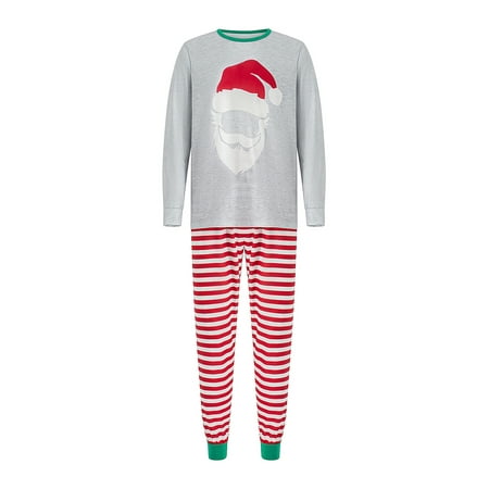 

Gureui Matching Family Christmas Pajamas Long Sleeve Crew Neck Beard Man with Christmas Hat Print T-shirt Tops + Striped Pants/Jumpsuit Sleepwear