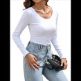 thumbnail image 2 of Camiseta de Cuello en U para Mujer, Camiseta de Larga de Color Liso, Suave, Elástica, Ropa Informal, Básica S, 2 of 10
