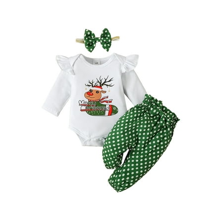 

Sedceaty Infant Baby Girl Christmas Clothes Set Long Sleeve Round Neck Ruffled Elk Print Romper + Dot Pants + Bow Headband