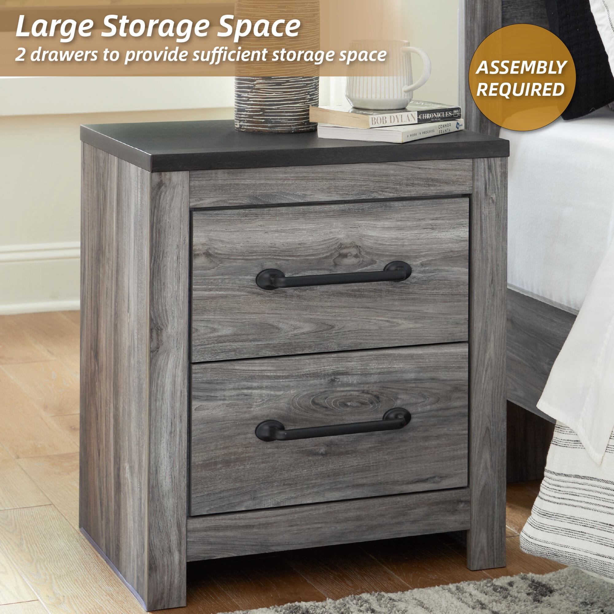 Signature Design by Ashley Contemporary Bronyan 2 Drawer Nightstand, Dark Gray