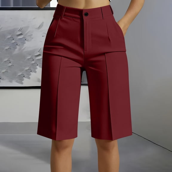 Oiangi Dress Shorts Women High Waistband Button Zipper Bermuda Shorts Casual Business Work Long Shorts with Pockets Wine 3XL