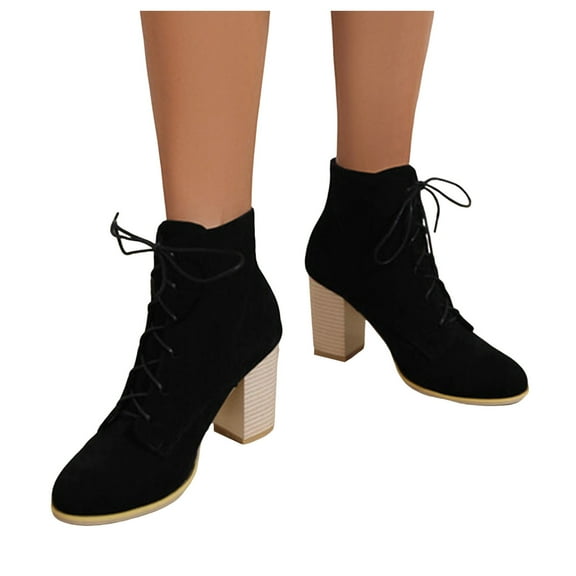 Womens Dress Combat Boots Fall Winter Suede Fake Wooden Chunky High Heels Lace up Dressy Short Ankle Booties