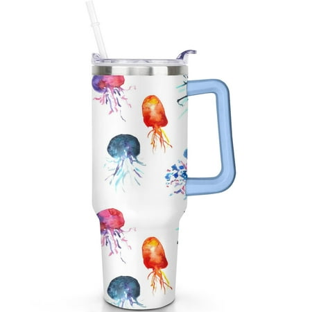 

Jellyfish Design 40oz Travel Tumbler with Straw and Handle Leak Proof Stainless Steel Mug Ocean Themed Gift for All