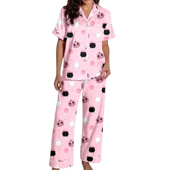 JAJAHO Halloween Pajamas Women 2 Piece Set Pumpkin Ghost Matching Button Shirt With Pants