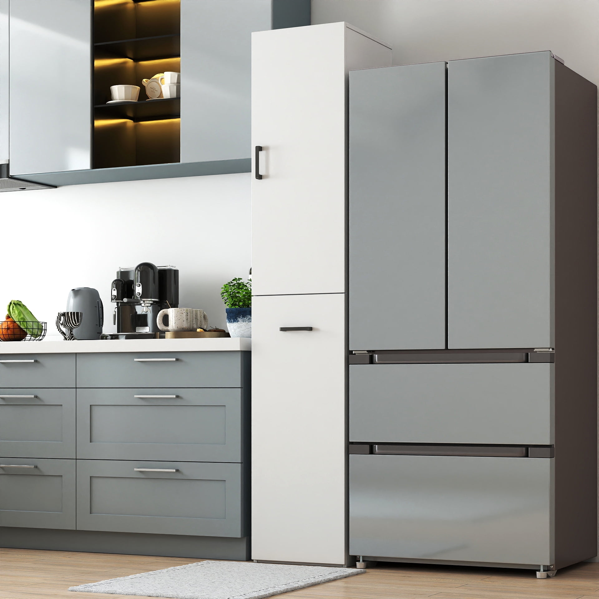Kitchen Pantry Tall Cabinet Freestanding with 1 Door 3-Tier Pull-Out Storage Shelf, White