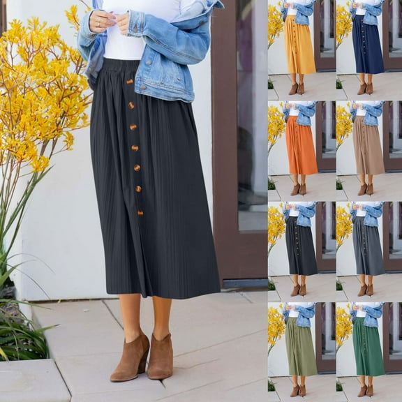 HVOBTTY Summer Women's A line Mid Length Skirt Solid Color Pleated Elastic Waist Basic Plain for All Daily Leisure Casual Wear