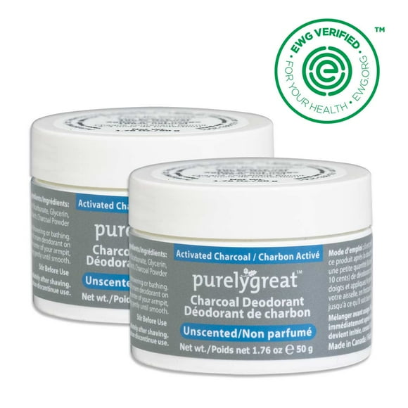2 Pack - Purelygreat Natural Deodorant Cream - Charcoal Unscented 50g Aluminum Free Vegan, Made in Canada