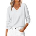 thumbnail image 2 of Suéter de Larga con Cuello en V para Mujer, Estilo Casual Clásico de Otoño, Suave y Holgado, Básico, Tipo Jersey Crema S, 2 of 10