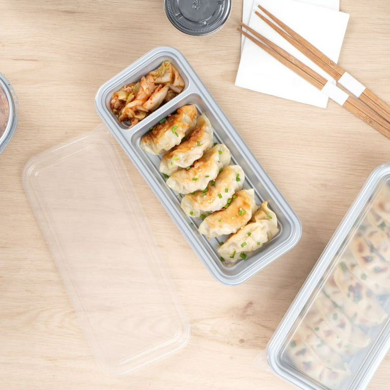 Futura 20 oz Rectangle Silver Plastic Catering Container - 3-Compartment,  with Clear Lid, Microwavable - 8 3/4 x 3 3/4 x 1 3/4 - 100 count box