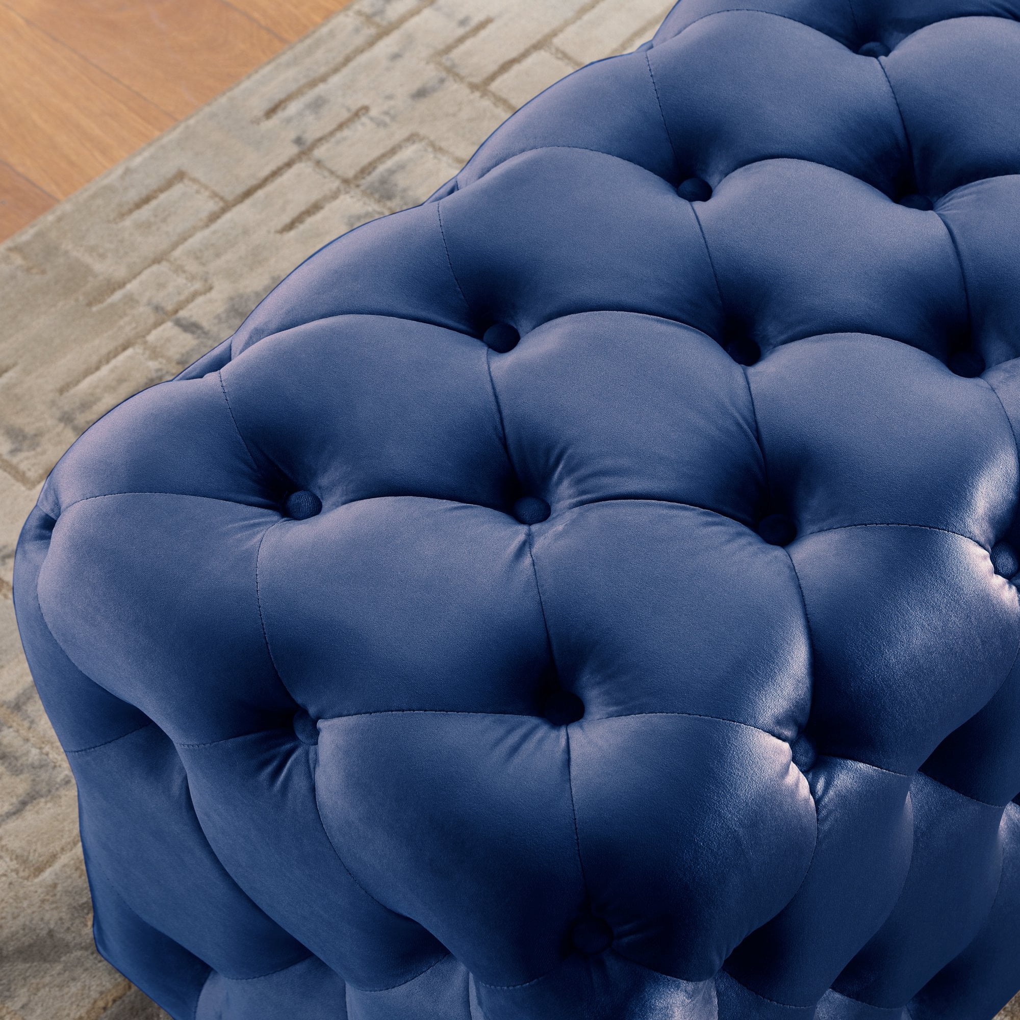 Nathaniel Home Deep Button Tufted Microfiber Ottoman, Upholstered Rectangle Ottoman Seat, for End of Bed Blue