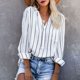 thumbnail image 2 of Camisa a rayas con cuello en V para mujer, manga larga, holgada, informal, ajustable, cómoda, para uso diario, fecha, vacaciones, trabajo, blanco XL, 2 of 5