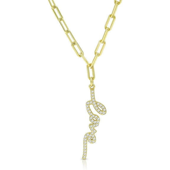 .925 Sterling Silver Gold Plated Paper Clip Chain With Script Love Pendant Mens Womens Necklace, Micro Pave Cubic Zirconia, Giorgio Bergamo